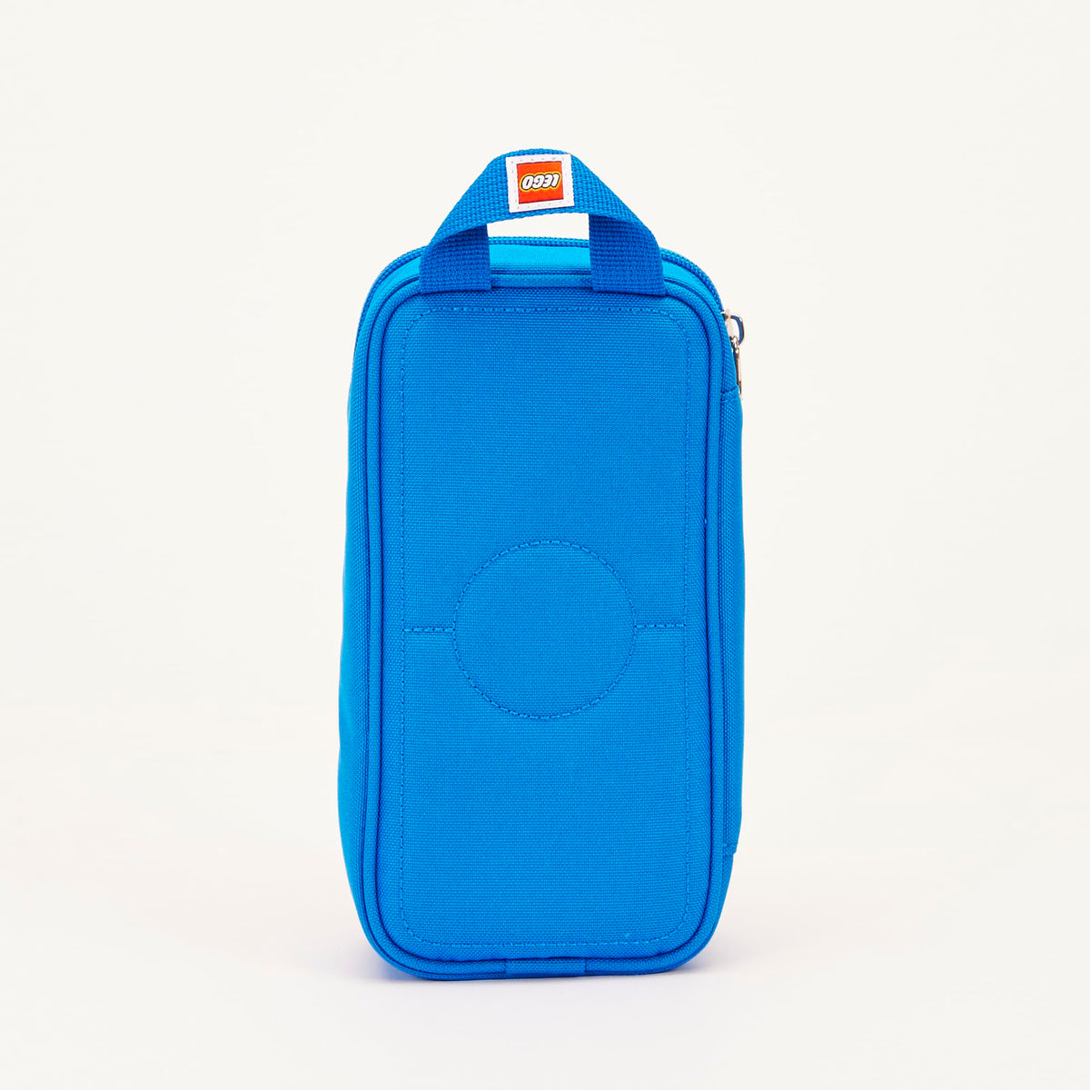 LEGO Brick Pouch blue handle label demonstrates grab-and-go convenience.