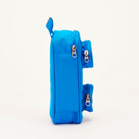 LEGO Brick Pouch blue open compartment reveals roomy main pocket for notebooks and chargers.