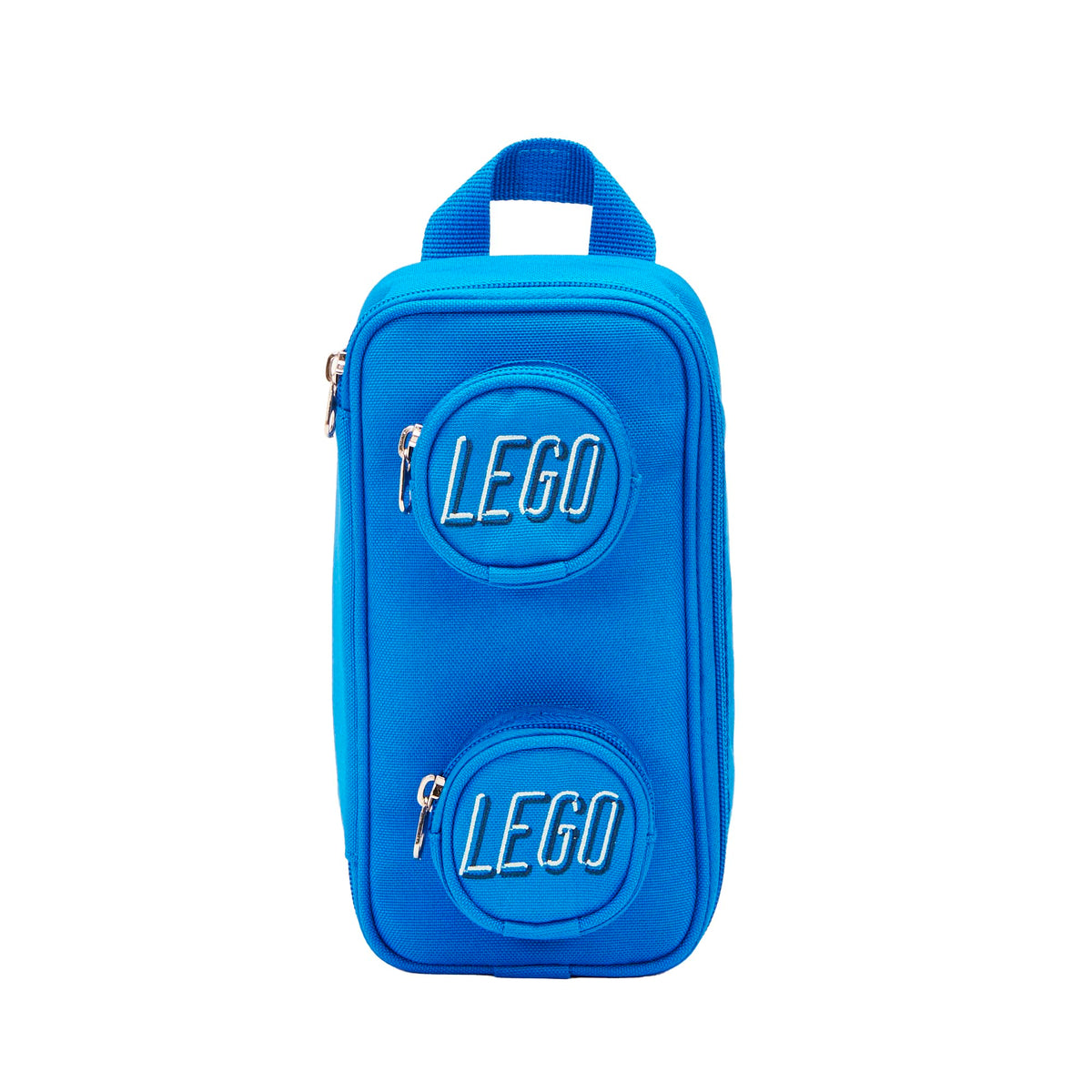 LEGO Brick Pouch blue side view highlights slim profile for backpacks and travel.
