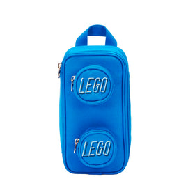 LEGO Brick Pouch blue side view highlights slim profile for backpacks and travel.