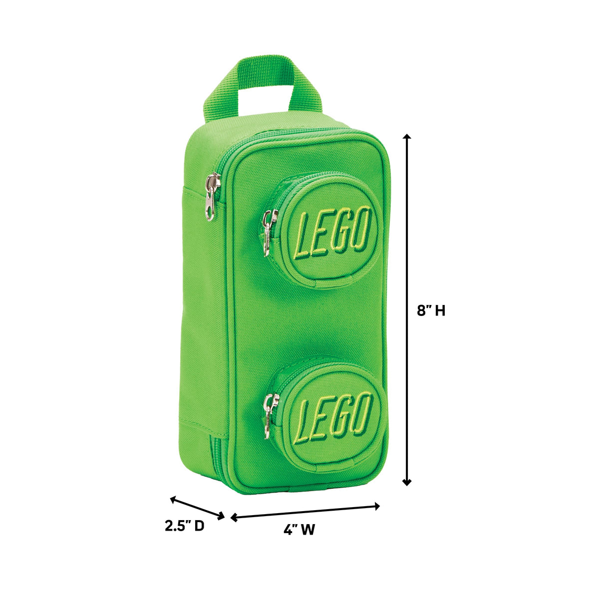 LEGO Brick Pouch Green dimensions demonstrate compact portability for kits and gadgets