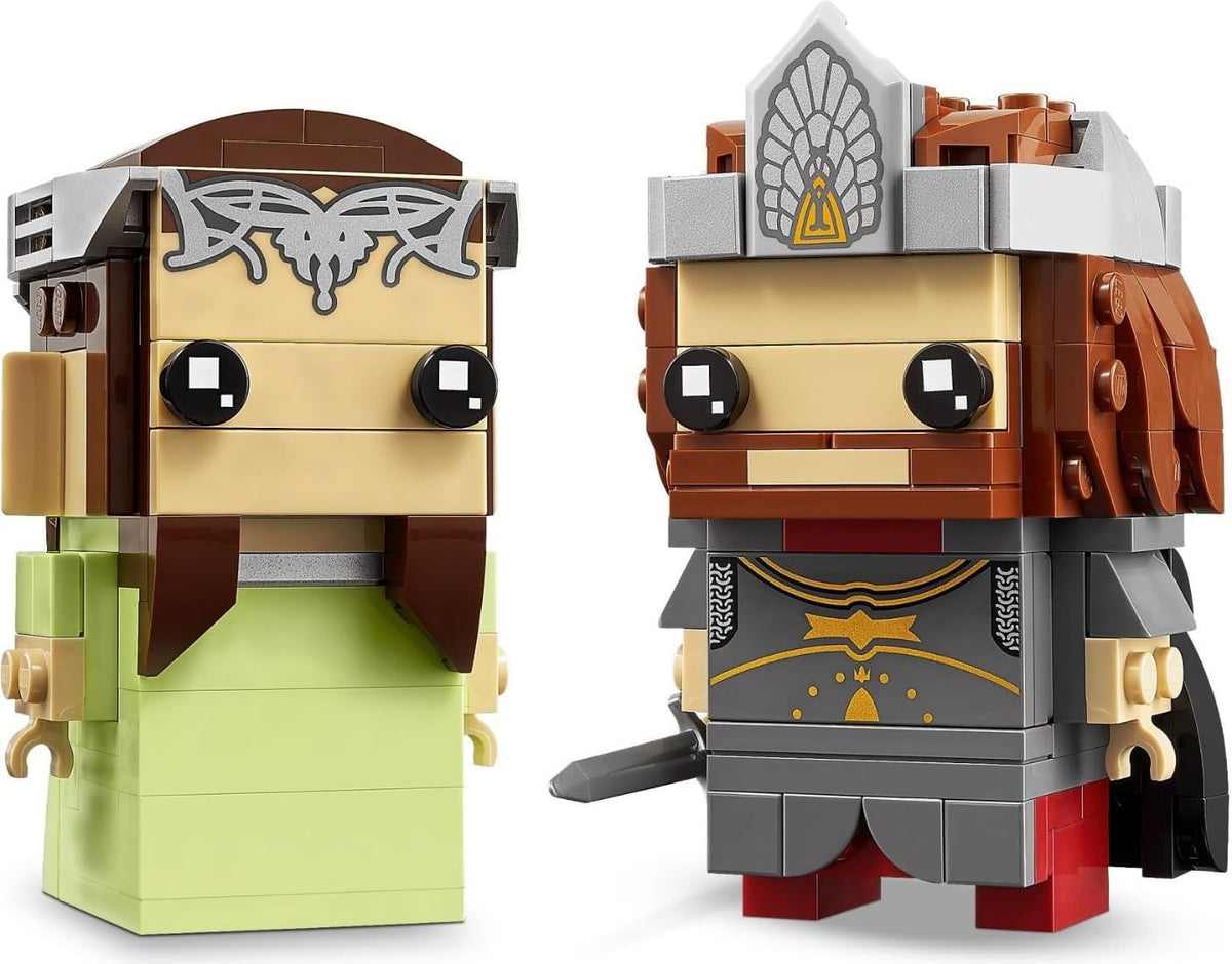 LEGO BrickHeadz Aragorn & Arwen detailed face close-up for fans.