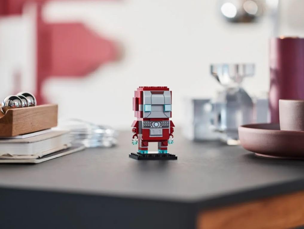 BrickHeadz Iron Man MK5 stands tall on baseplate for sturdy shelf display