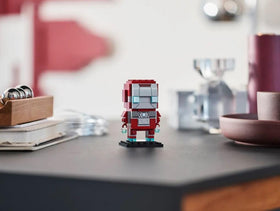 BrickHeadz Iron Man MK5 stands tall on baseplate for sturdy shelf display