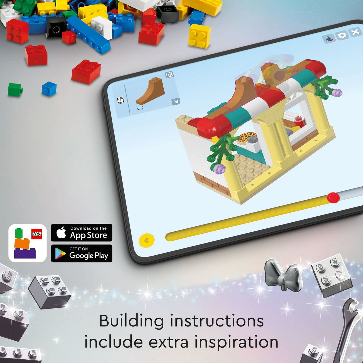 LEGO Builder app guides intuitive 3D building, saving progress and exploring designs.