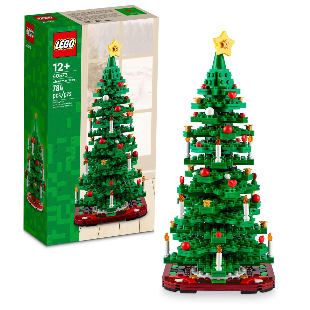 LEGO Christmas Tree assembly demonstrates a versatile holiday display centerpiece for desks and shelves.
