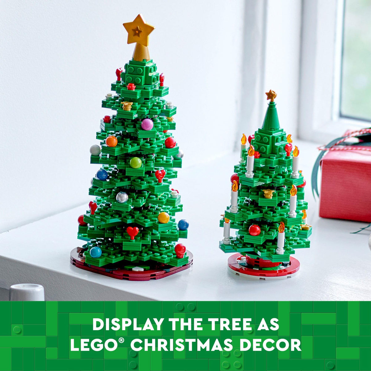 LEGO Christmas Tree tabletop display elevates bookshelf corners and desk areas with color.