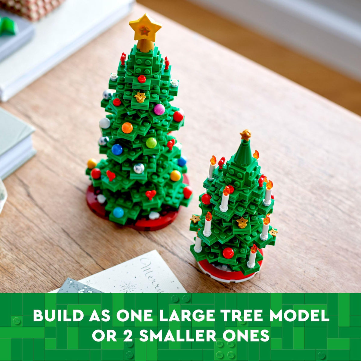 LEGO Christmas Tree two-in-one design offers larger display or two mini trees for variety.