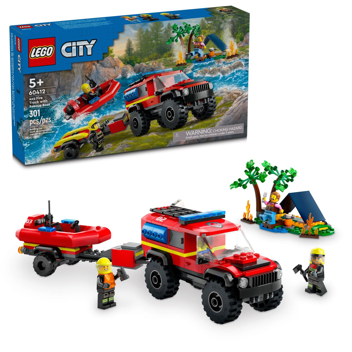 LEGO City 4x4 Fire Truck with Rescue Boat ready for imaginative firefighting play.