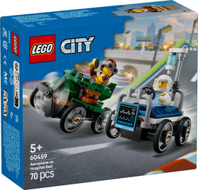 LEGO City 60459 playset scene featuring airplane, bed, and car race action