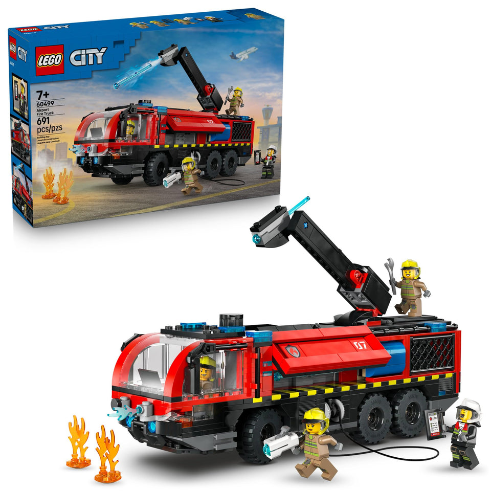 LEGO City Airport Fire Truck 60499 roof extinguisher in action for pretend rescues.