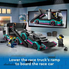 LEGO City car carrier truck loading ramp in action supports dynamic transporter play.