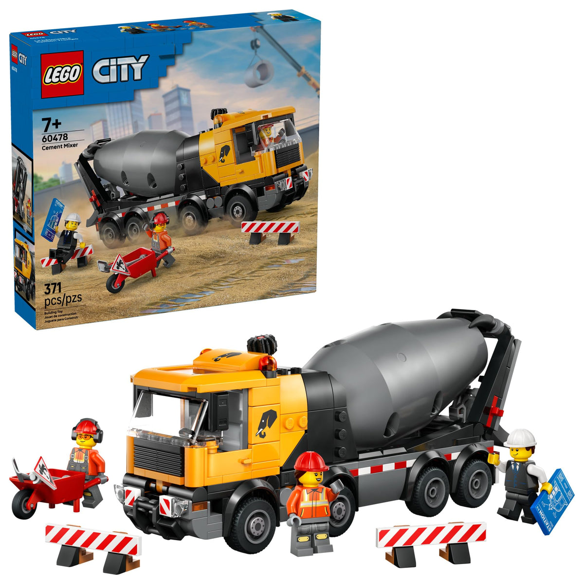 LEGO City cement mixer truck with rotating drum for realistic pretend play.