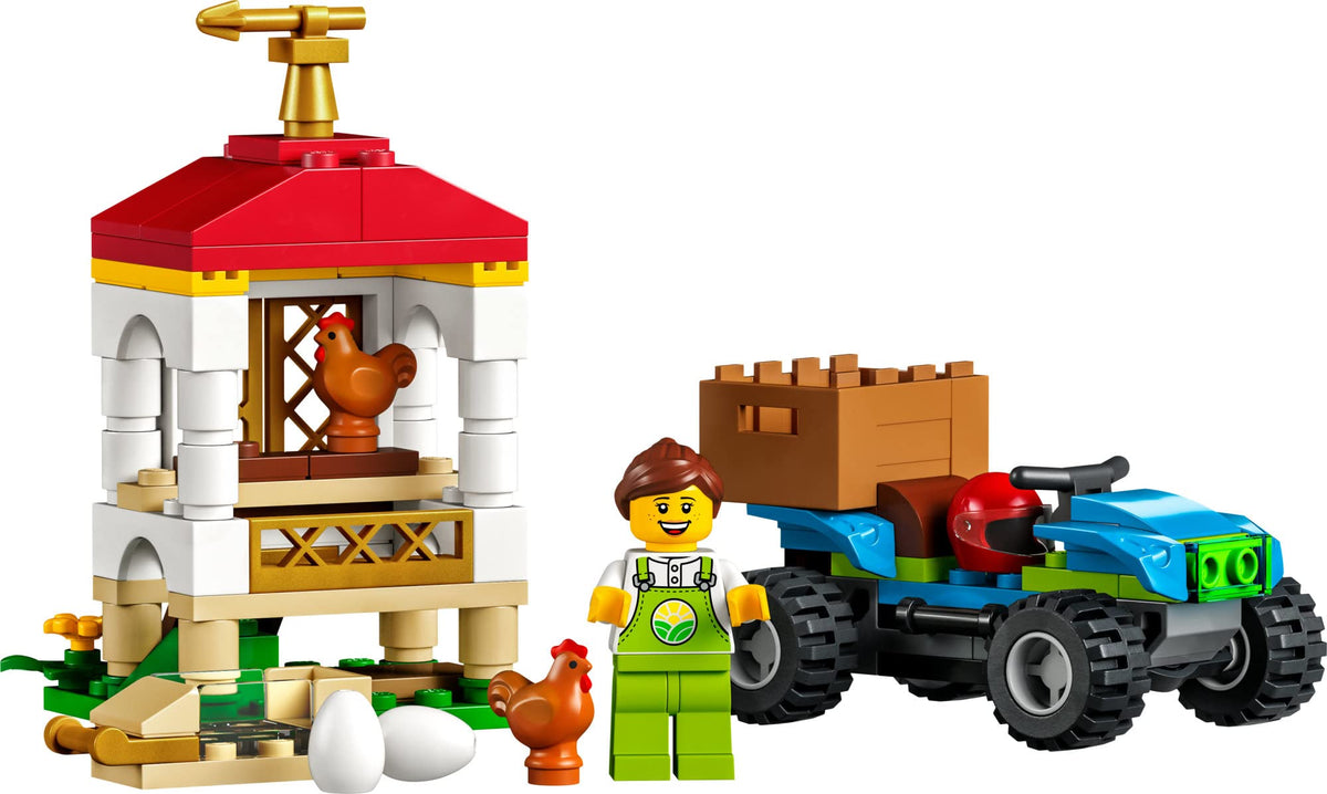 LEGO City Chicken Henhouse ATV tilt-to-turn steering enables dynamic pretend farming.