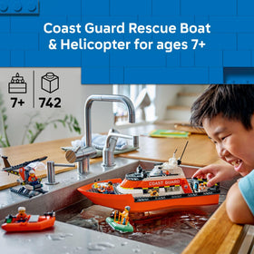 LEGO City Coast Guard Rescue Helicopter hovering above for dramatic aerial rescues.