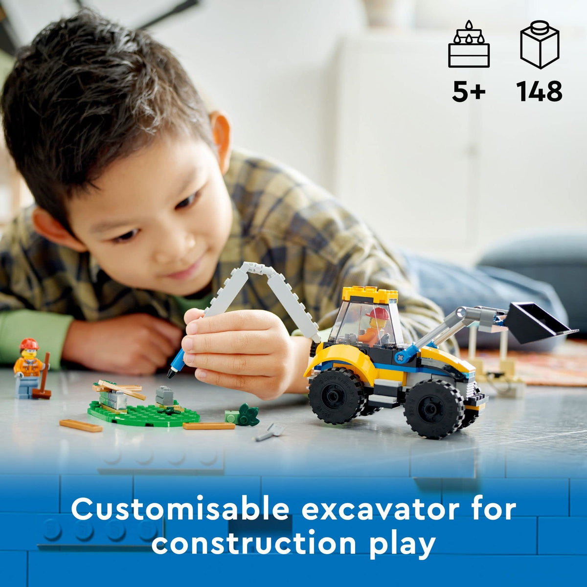 LEGO City Construction Digger bucket and pallet scoop enable versatile role-play scenarios.