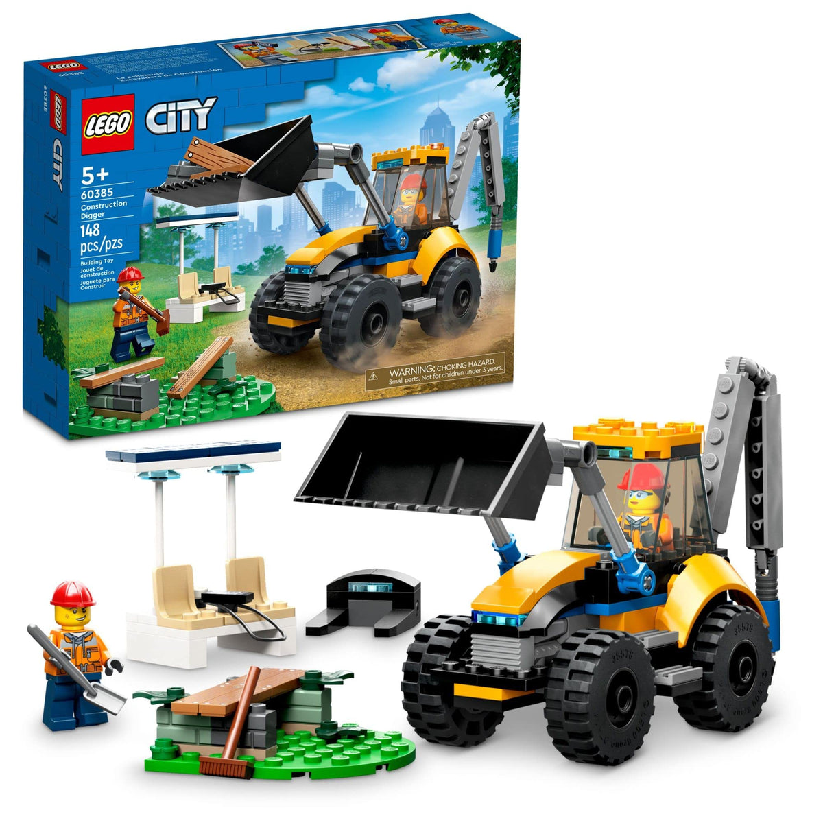 LEGO City Construction Digger front view showcases tool-ready design for imaginative play.