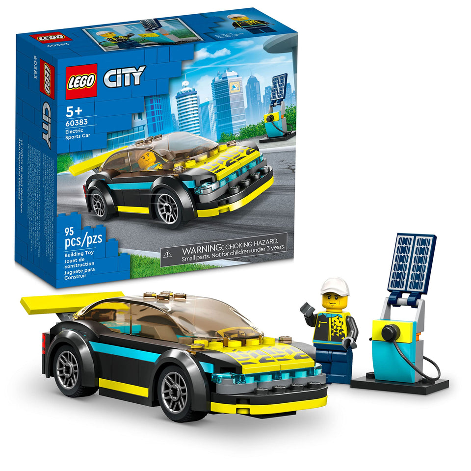 LEGO City Electric Sports Car front view with neon-yellow detailing for vibrant pretend races