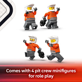 LEGO City F1 pit-stop dimensions reveal a compact, display-friendly setup.
