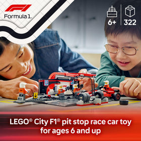 LEGO City F1 pit-stop front view showcases authentic pit equipment and figures.