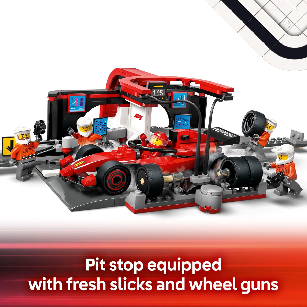 LEGO City F1 pit-stop minifigs lineup supports storytelling and role play.