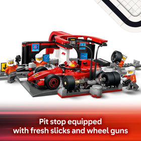 LEGO City F1 pit-stop minifigs lineup supports storytelling and role play.