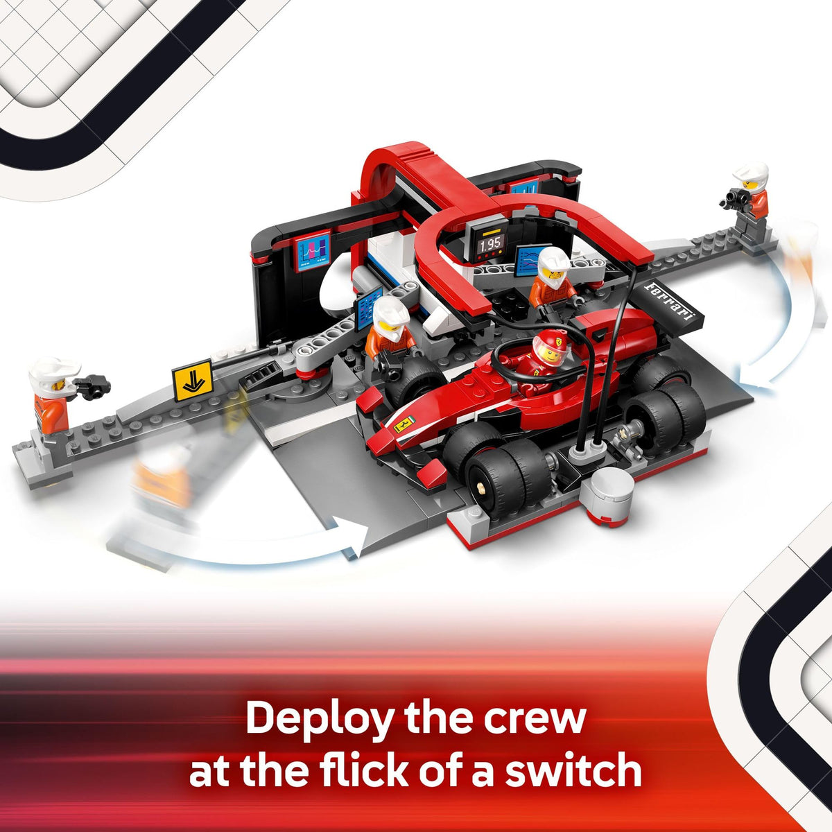 LEGO City F1 pit-stop tire-change action highlights quick crew coordination.