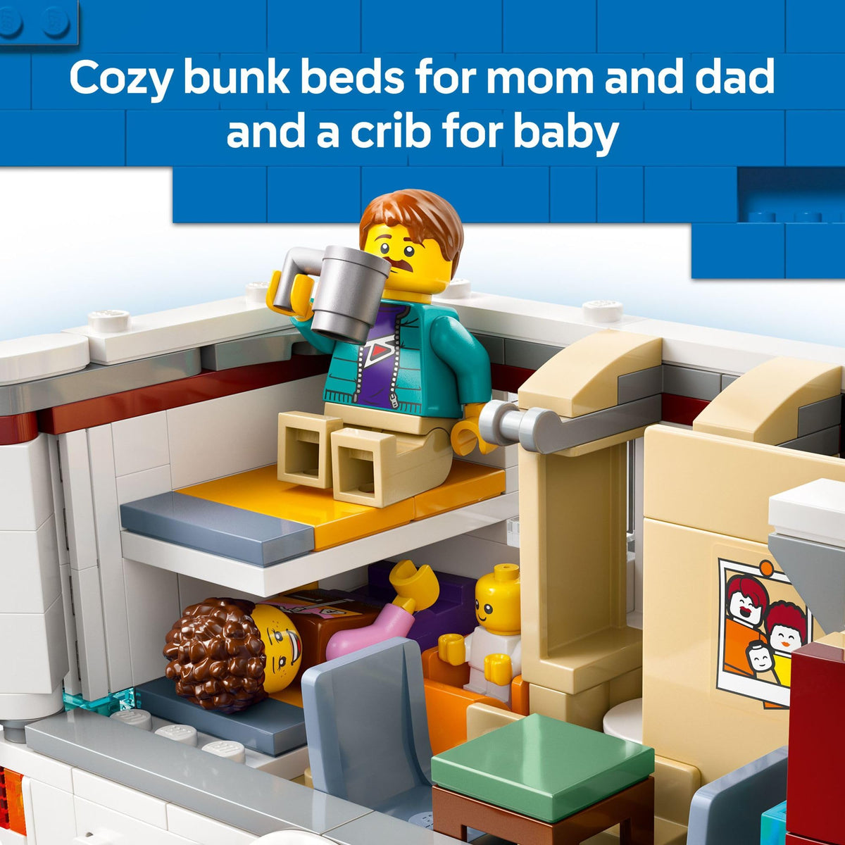 LEGO City Holiday Adventure Camper Van accessories including guitar, bottles, mugs and croissant.