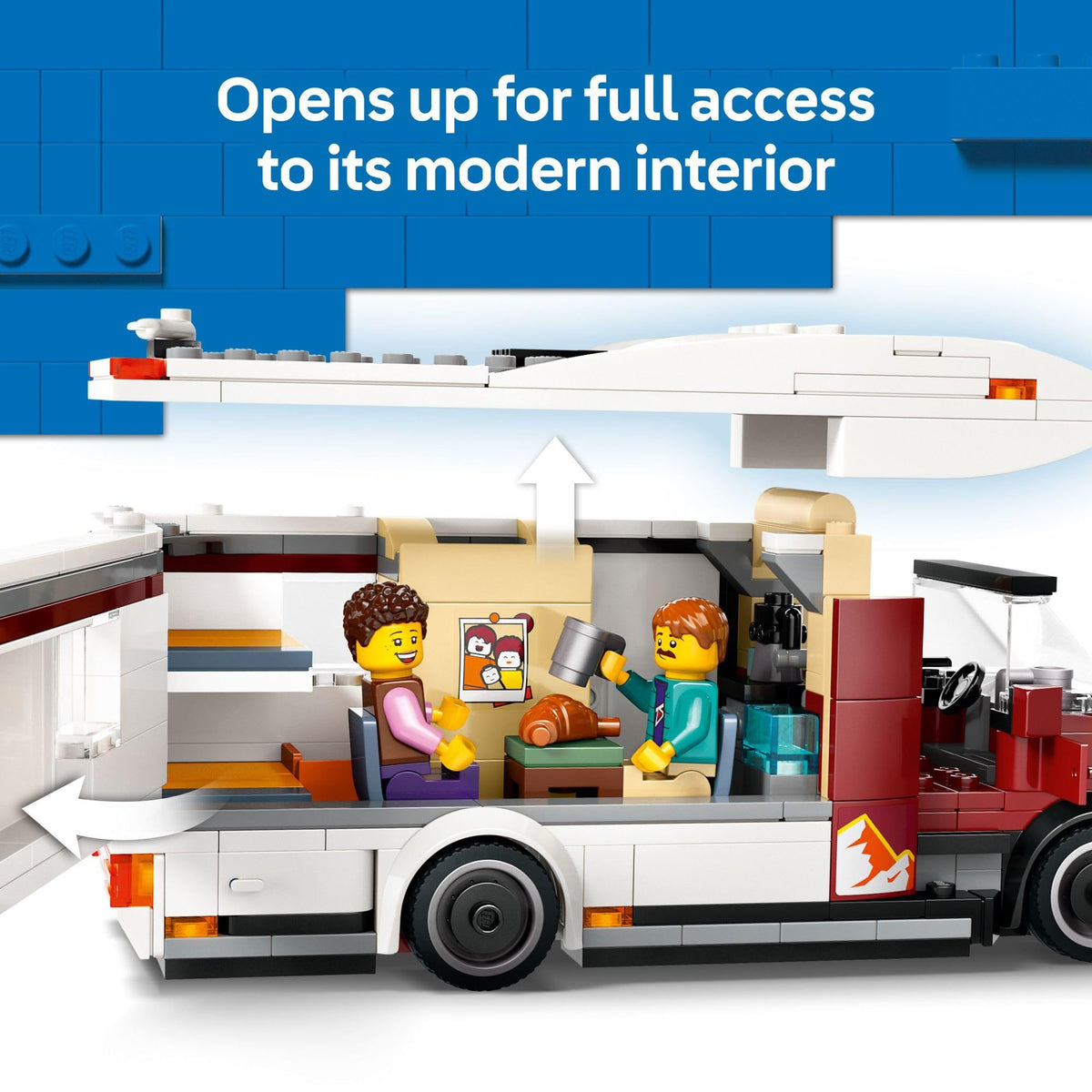 LEGO City Holiday Adventure Camper Van exterior and interior access for building play.