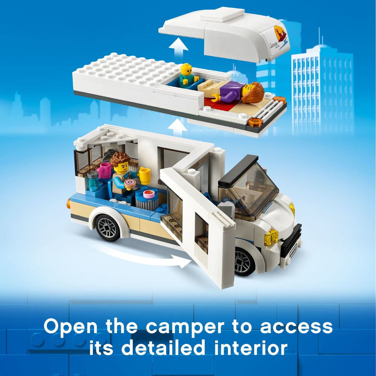 LEGO City Holiday Camper Van family minifigures enhance camping storytelling.