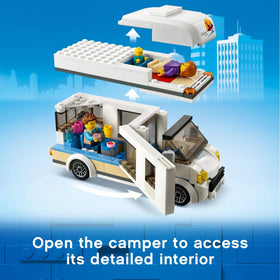 LEGO City Holiday Camper Van family minifigures enhance camping storytelling.