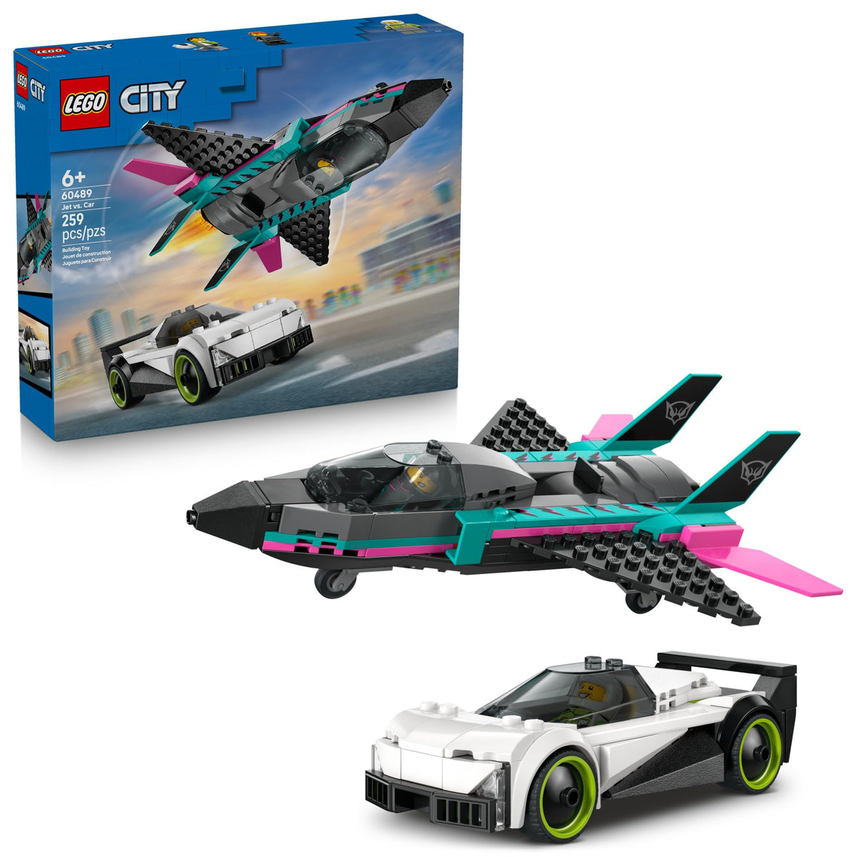 LEGO City Jet vs Car 60489 jet close-up: sleek design for high-speed pretend races.