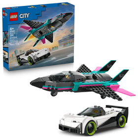 LEGO City Jet vs Car 60489 jet close-up: sleek design for high-speed pretend races.
