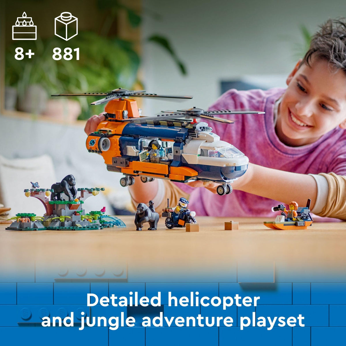 LEGO City Jungle Explorer Helicopter at Base Camp winch action for dynamic play