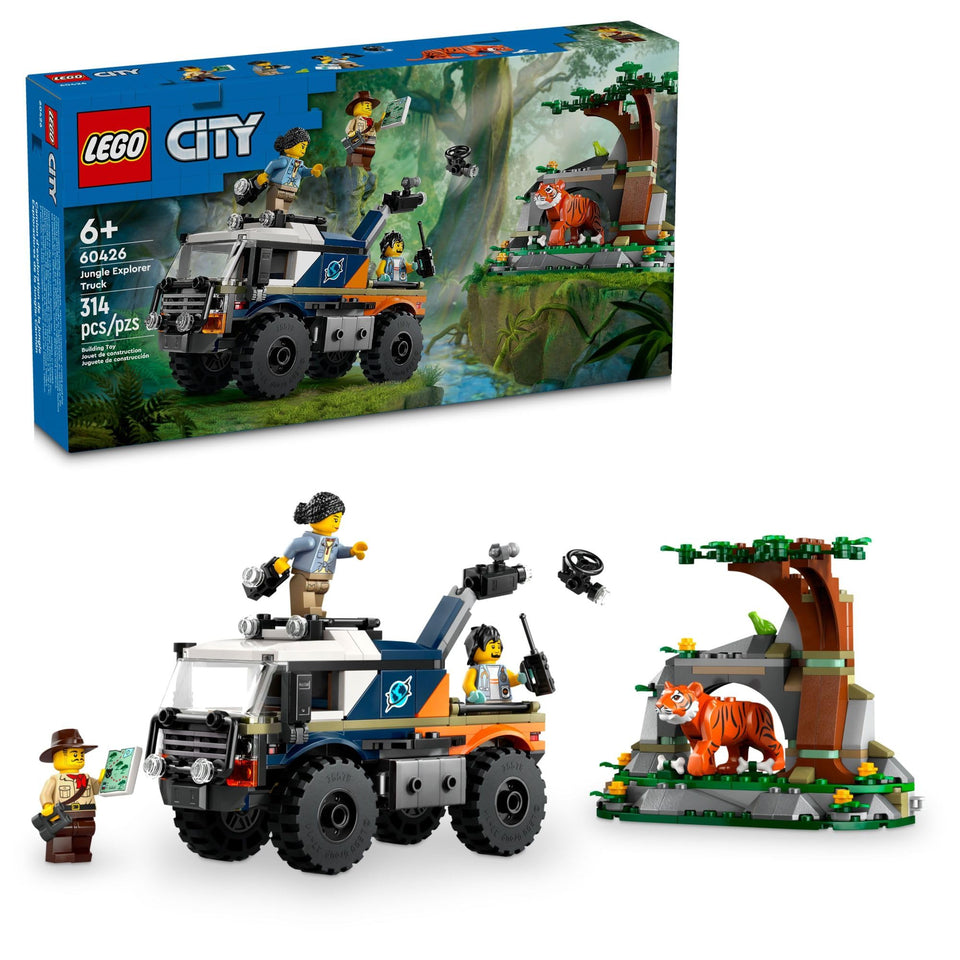 LEGO City Jungle Explorer Off-Road Truck front view for immersive jungle missions.