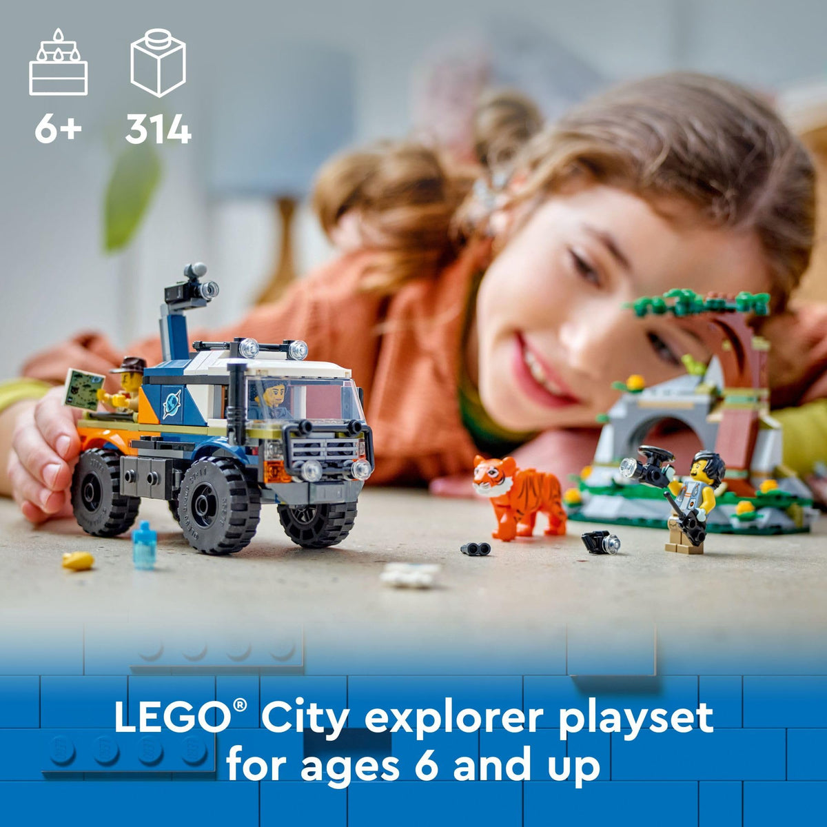 LEGO City Jungle Explorer Off-Road Truck side view highlights rugged tires for adventurous play.
