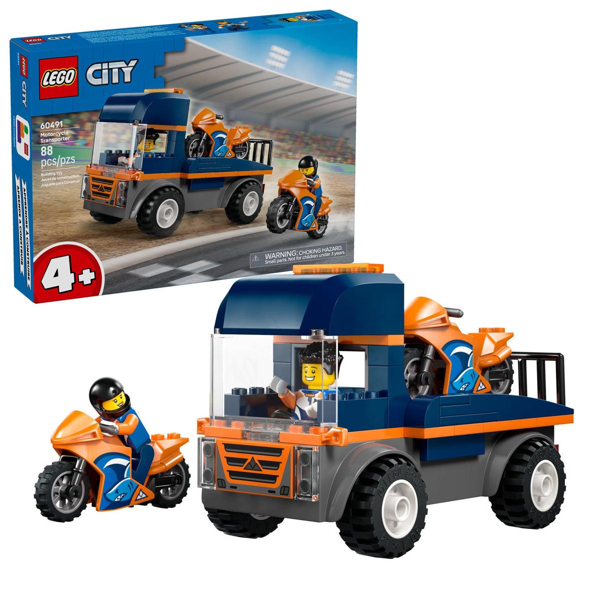 LEGO City Motorcycle Transporter flatbed truck with two motorcycles for imaginative play