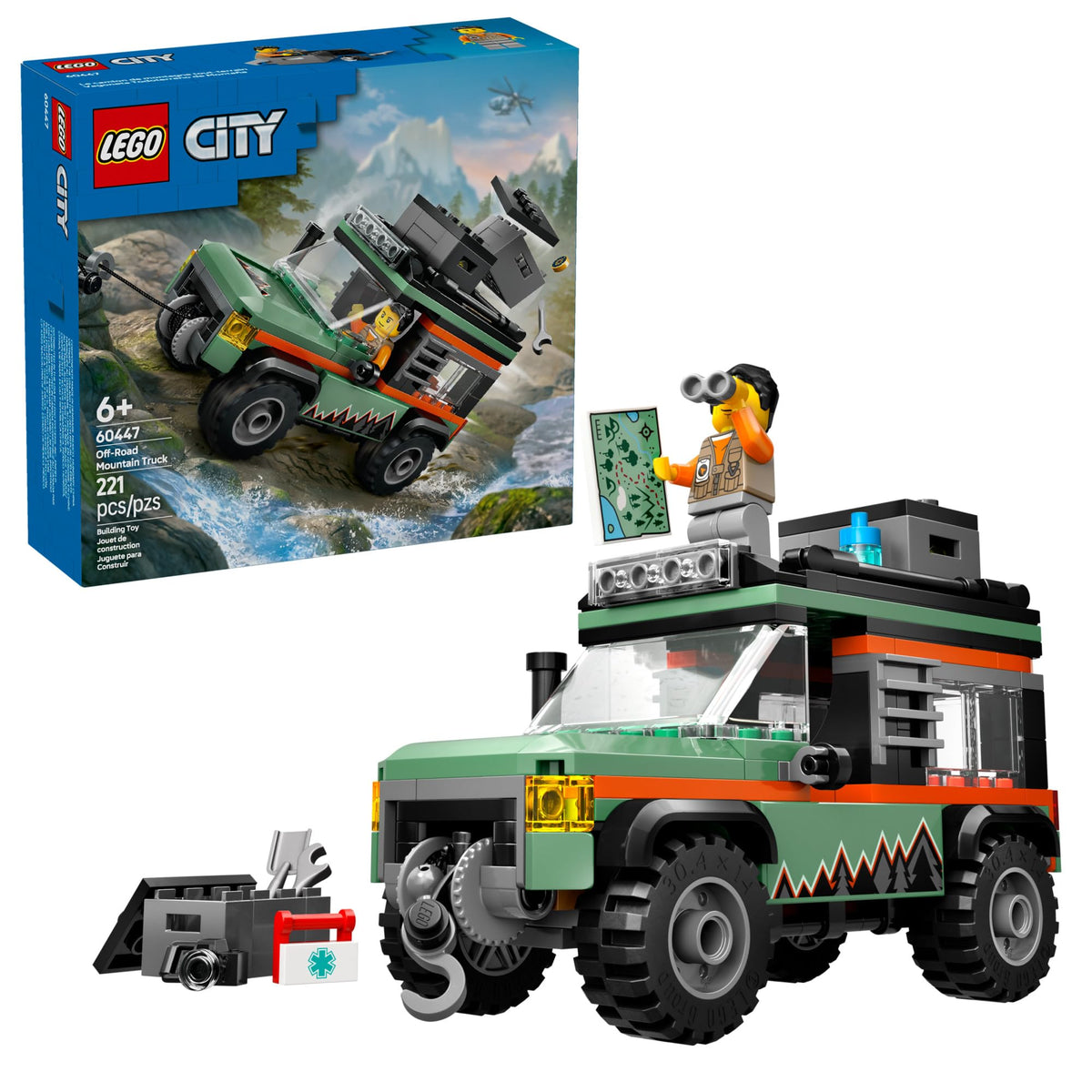 LEGO City Off-Road 4x4 Mountain Truck hood access for engine exploration.