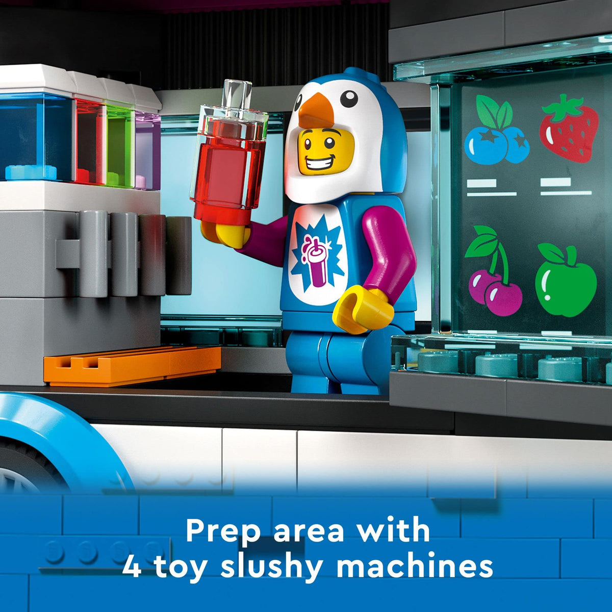 LEGO City Penguin Slushy Van interactive build and play area highlighting the four machines
