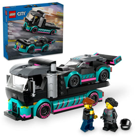 LEGO City Race Car and Car Carrier Truck with ramp ready for imaginative loading play.