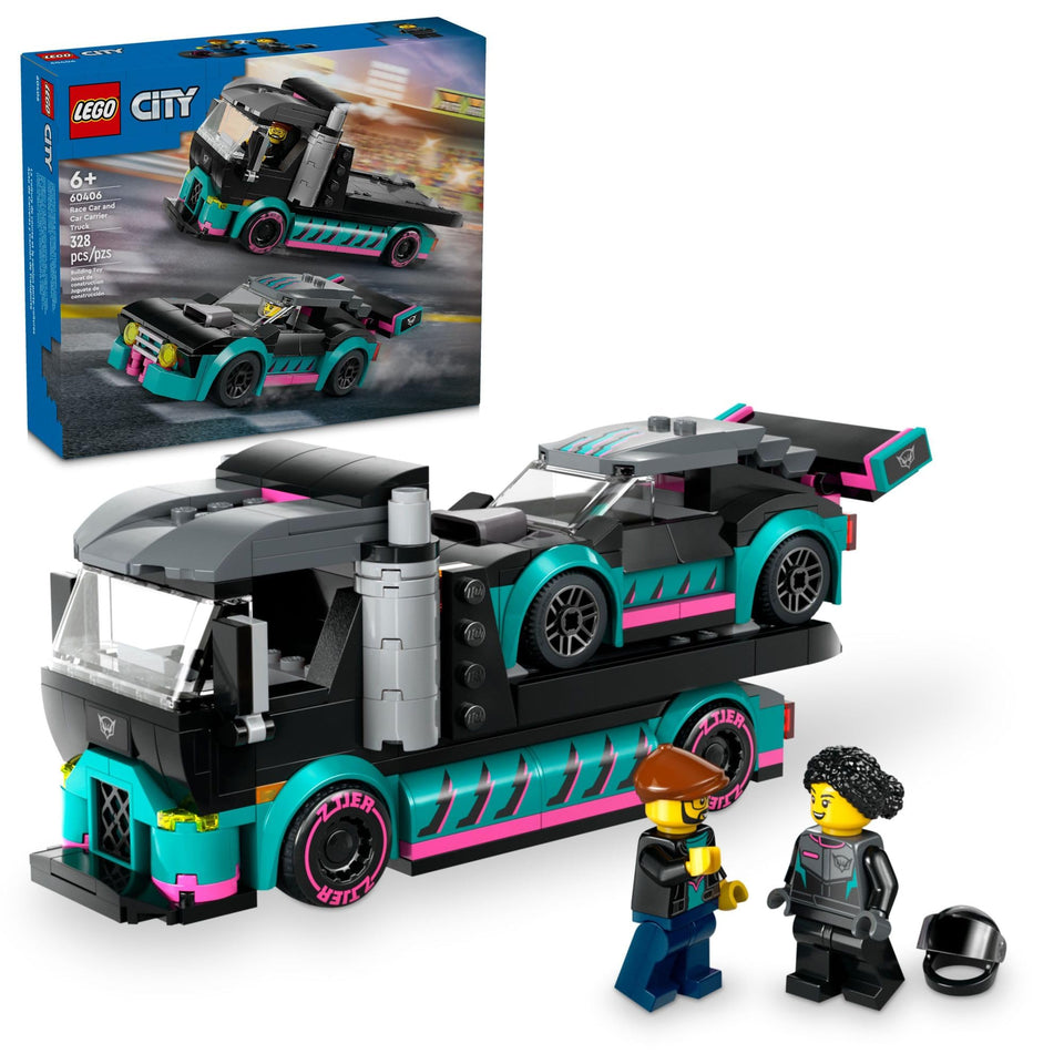LEGO City Race Car and Car Carrier Truck with ramp ready for imaginative loading play.