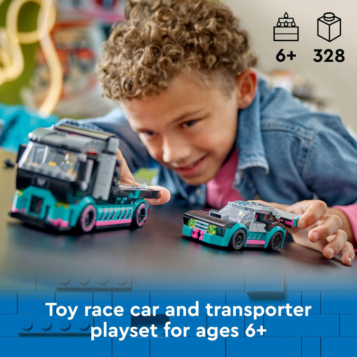LEGO City race car close-up shows lowered suspension and bold decals for realistic pretend racing.