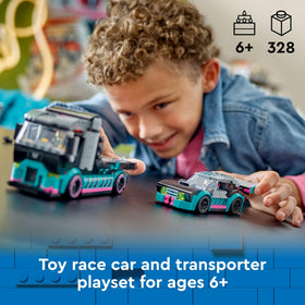 LEGO City race car close-up shows lowered suspension and bold decals for realistic pretend racing.