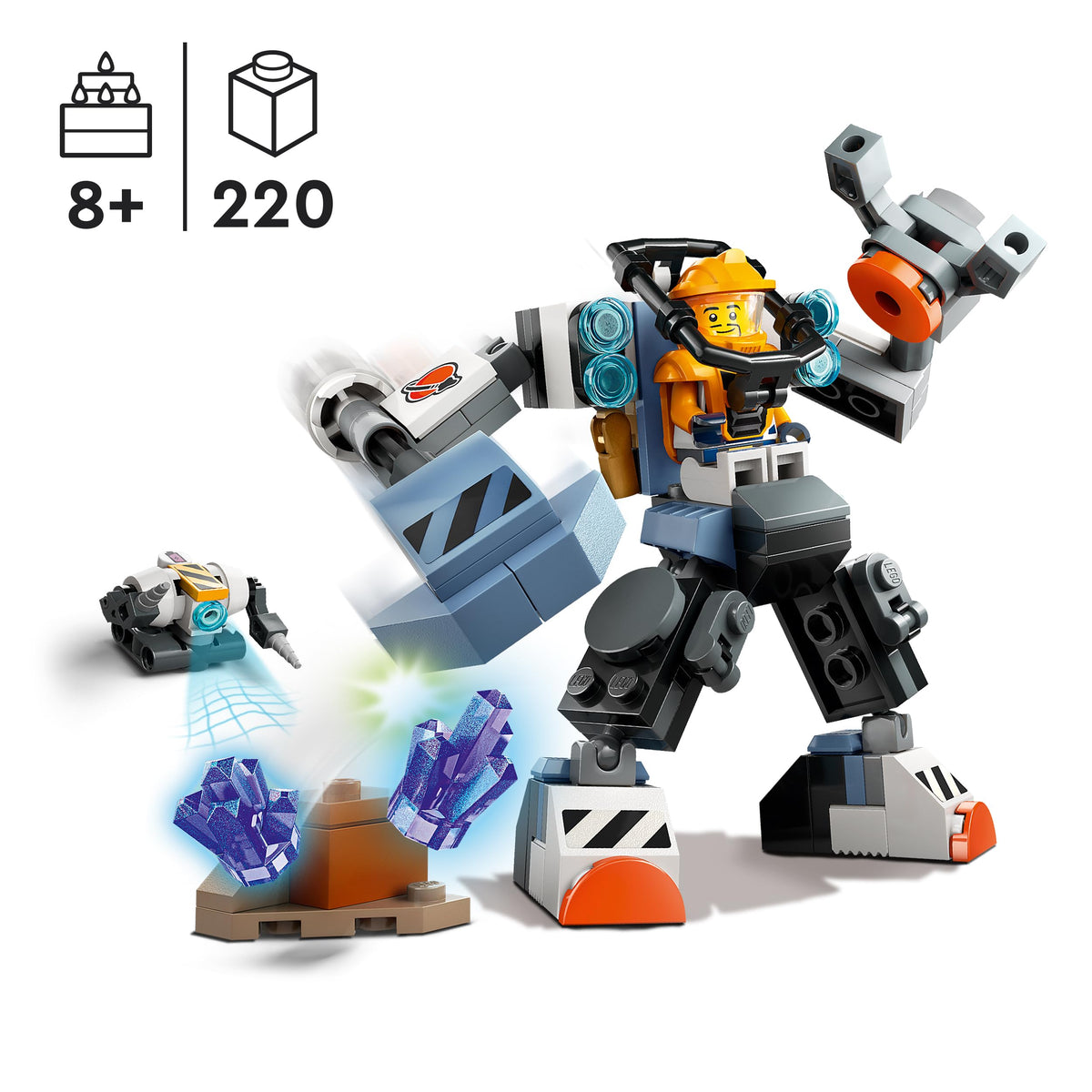 LEGO City Space Mech claw arm enables interactive grabbing play.