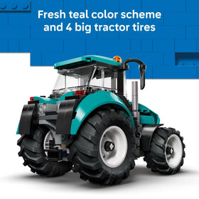 LEGO City Tractor engine hood open showing accessible engine detail.