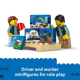 Delivery worker minifigure with the LEGO City van for bigger city stories.