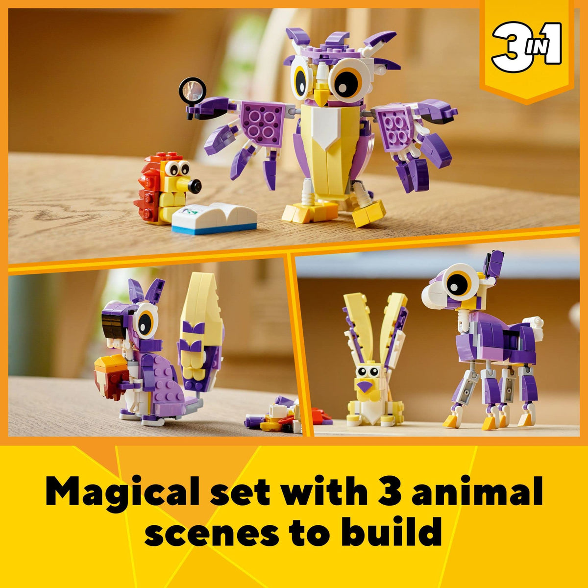 LEGO Creator 3-in-1 hedgehog scene with owl for storytelling fun