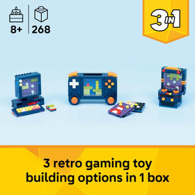 LEGO Creator 3-in-1 retro handheld console with joysticks invites on-the-go pretend play.