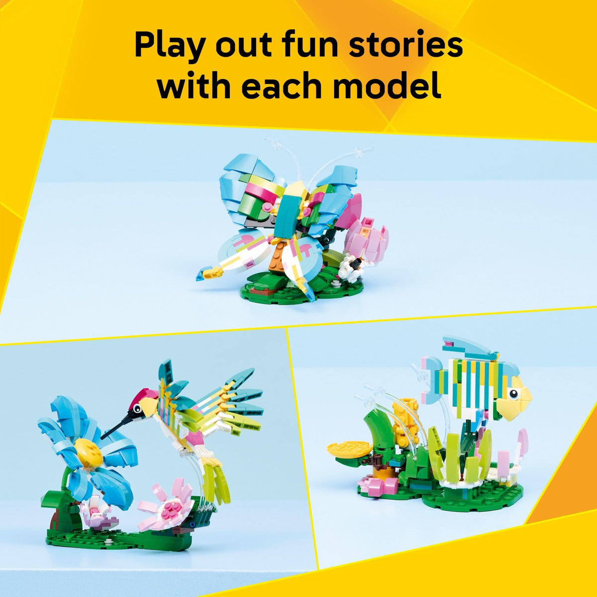 LEGO butterfly on stand with flowers supports creative storytelling