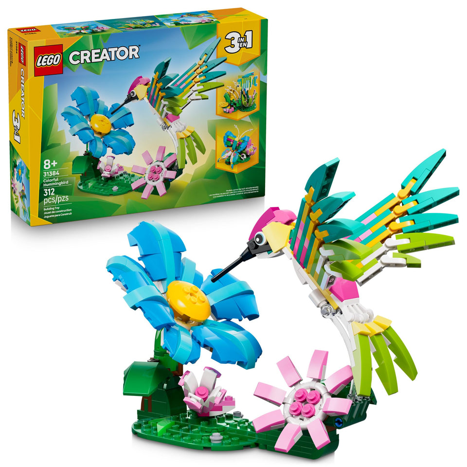 LEGO Creator 3-in-1 colorful hummingbird toy on display stand with flowers, ideal for imaginative play